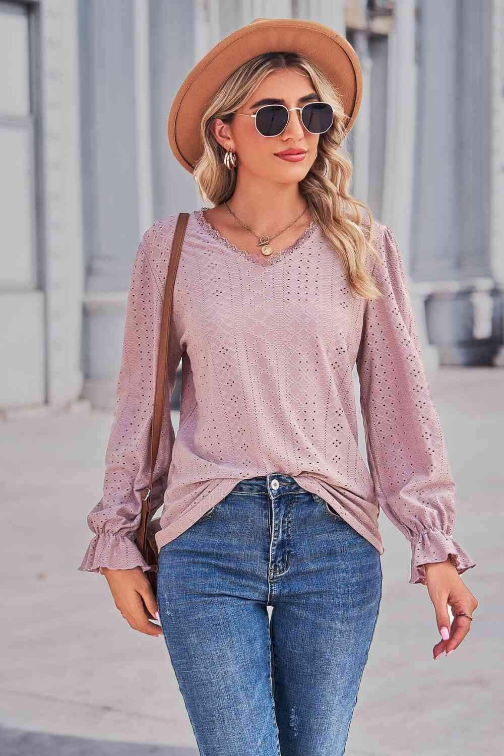 Lace Trim V-Neck Flounce Sleeve Top Blouses - Tophatter Daily Deals