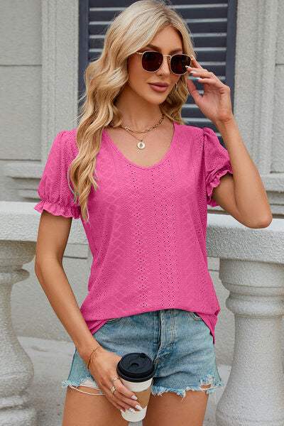 Eyelet Round Neck Flounce Sleeve T-Shirt Women's T-Shirts - Tophatter Daily Deals