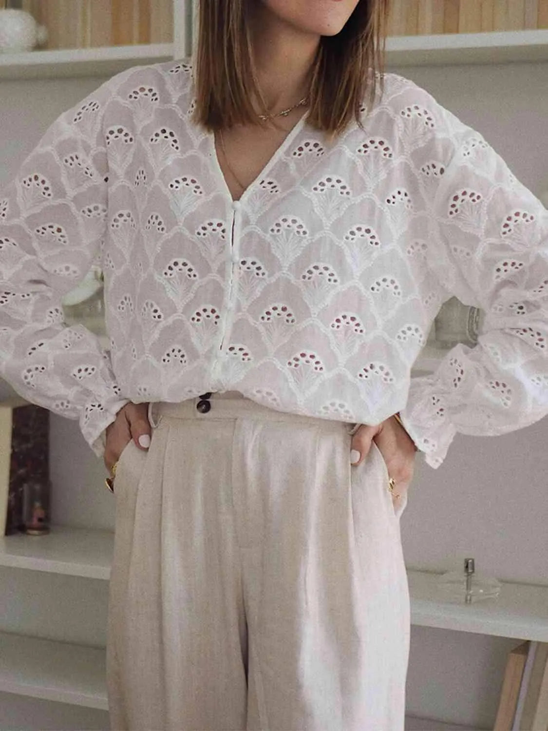 Eyelet Notched Neck Flounce Sleeve Blouse Blouses - Tophatter Daily Deals