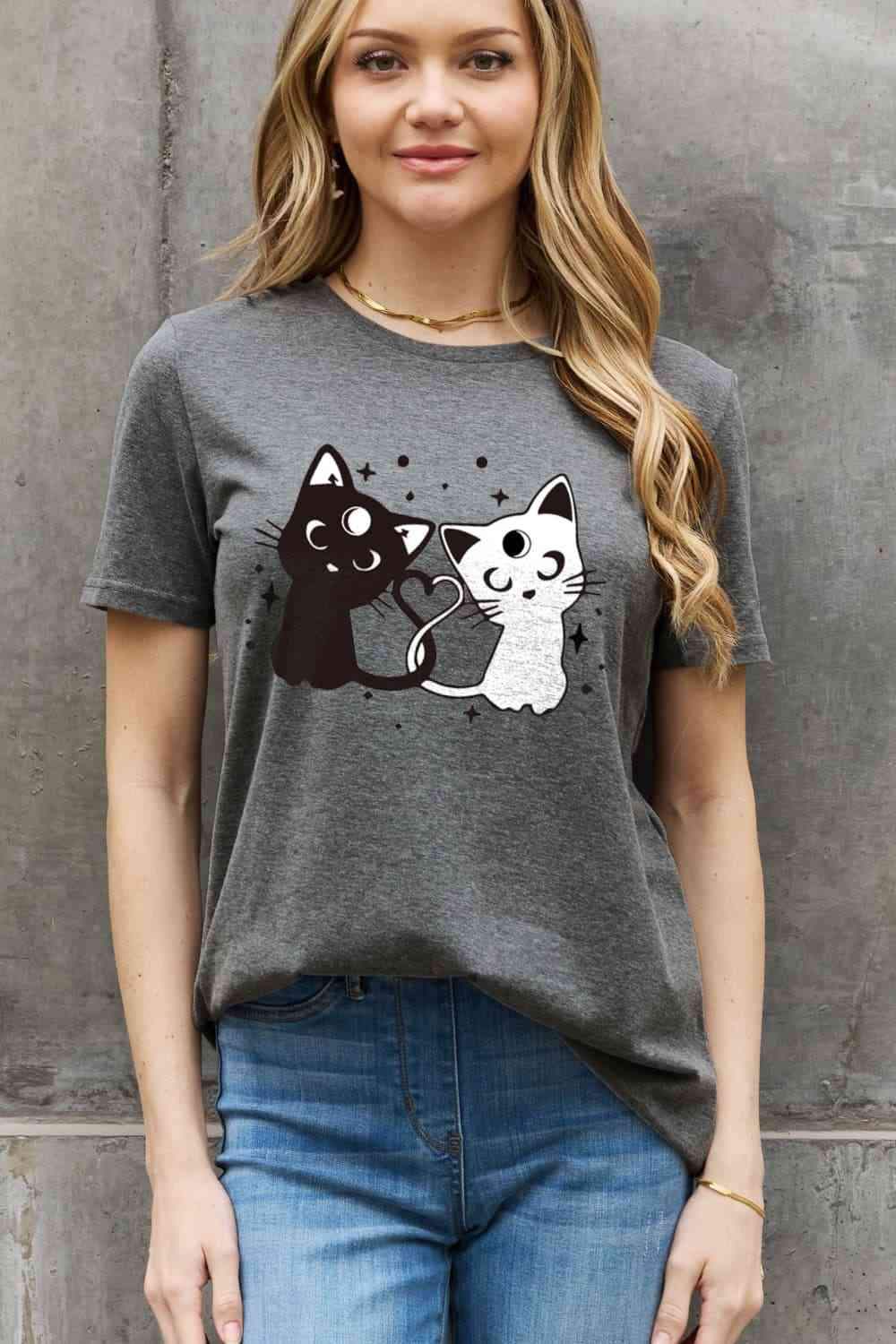 Simply Love Full Size Cats Graphic Cotton Tee Charcoal Women's T-Shirts - Tophatter Daily Deals