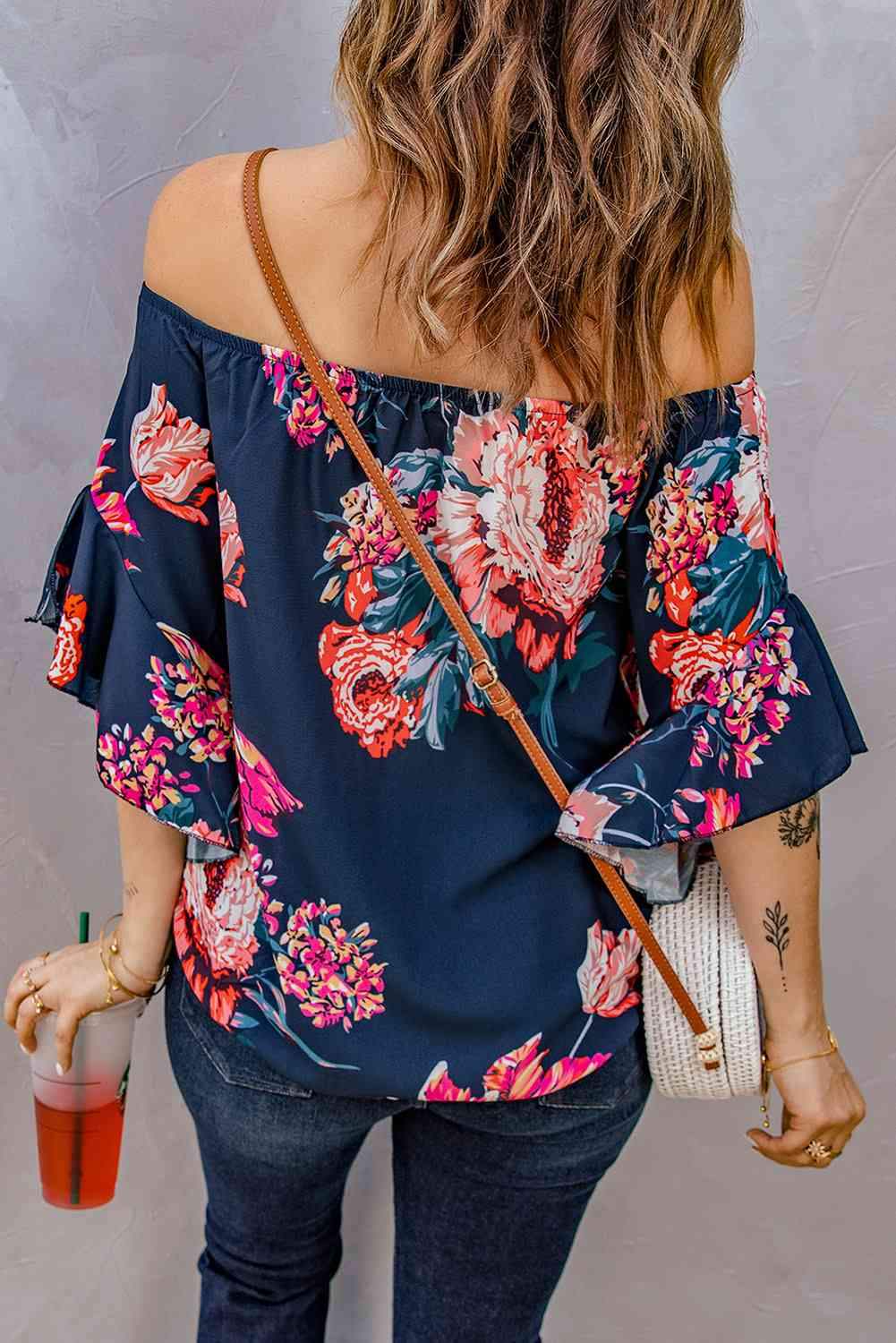 Printed Off-Shoulder Flounce Sleeve Top Blouses - Tophatter Daily Deals