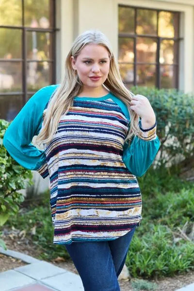 Celeste Design Full Size Striped Long Sleeve Top Teal Mustard Stripe Blouses - Tophatter Daily Deals