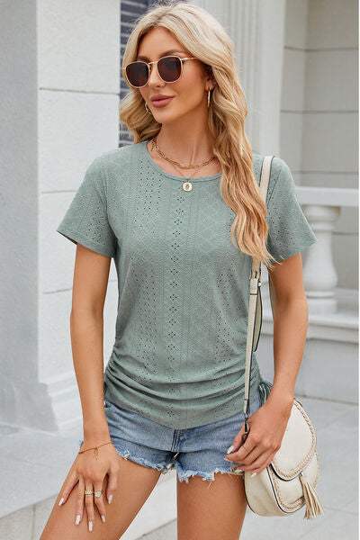 Eyelet Round Neck Short Sleeve T-Shirt Gum Leaf Women's T-Shirts - Tophatter Daily Deals