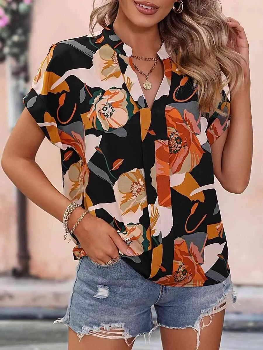 Printed Notched Neck Short Sleeve Blouse Black Blouses - Tophatter Daily Deals