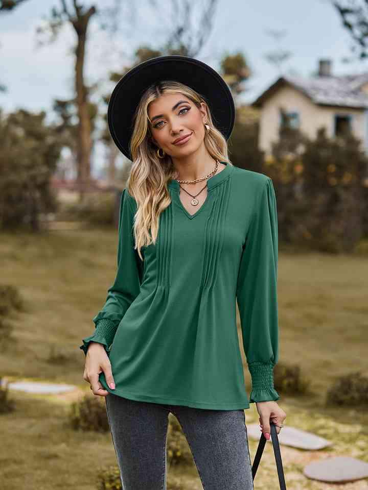 Notched Neck Flounce Sleeve Blouse Green Blouses - Tophatter Daily Deals