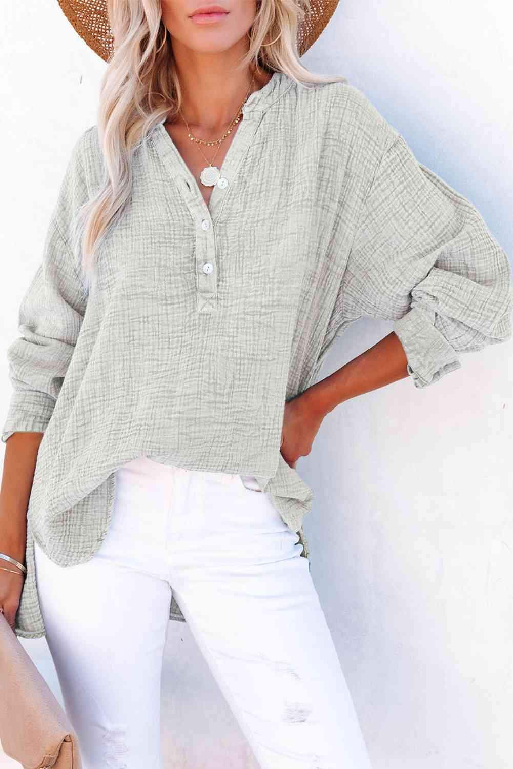 Buttoned Long Sleeve Blouse Light Gray Blouses - Tophatter Daily Deals