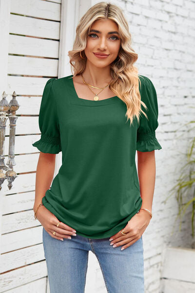 Smocked Square Neck Short Sleeve T-Shirt Women's T-Shirts - Tophatter Daily Deals