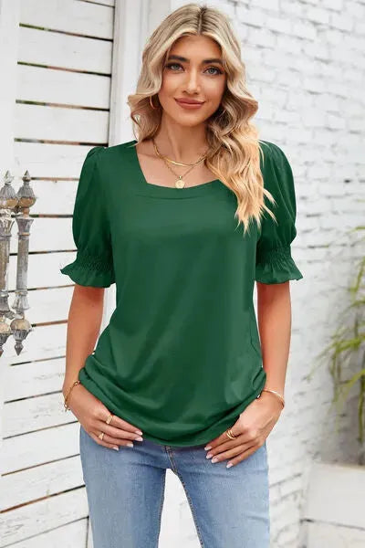 Smocked Square Neck Short Sleeve T-Shirt Women's T-Shirts - Tophatter Daily Deals