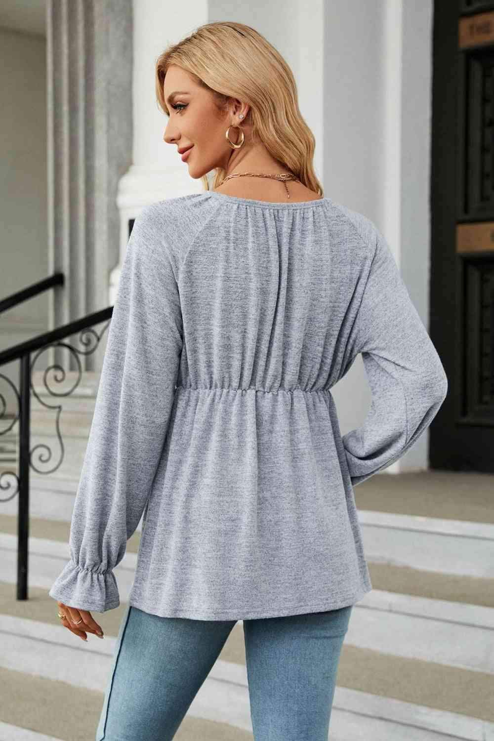 Round Neck Flounce Sleeve Blouse Blouses - Tophatter Daily Deals