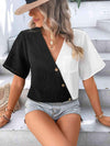 Two-Tone Buttoned Short Sleeve Top Blouses - Tophatter Daily Deals