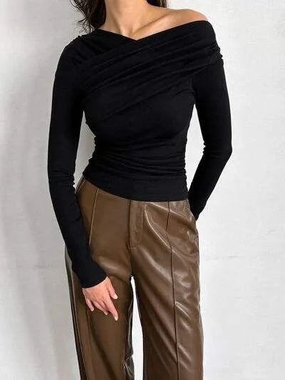 Ruched Long Sleeve T-Shirt Black Women's T-Shirts - Tophatter Daily Deals