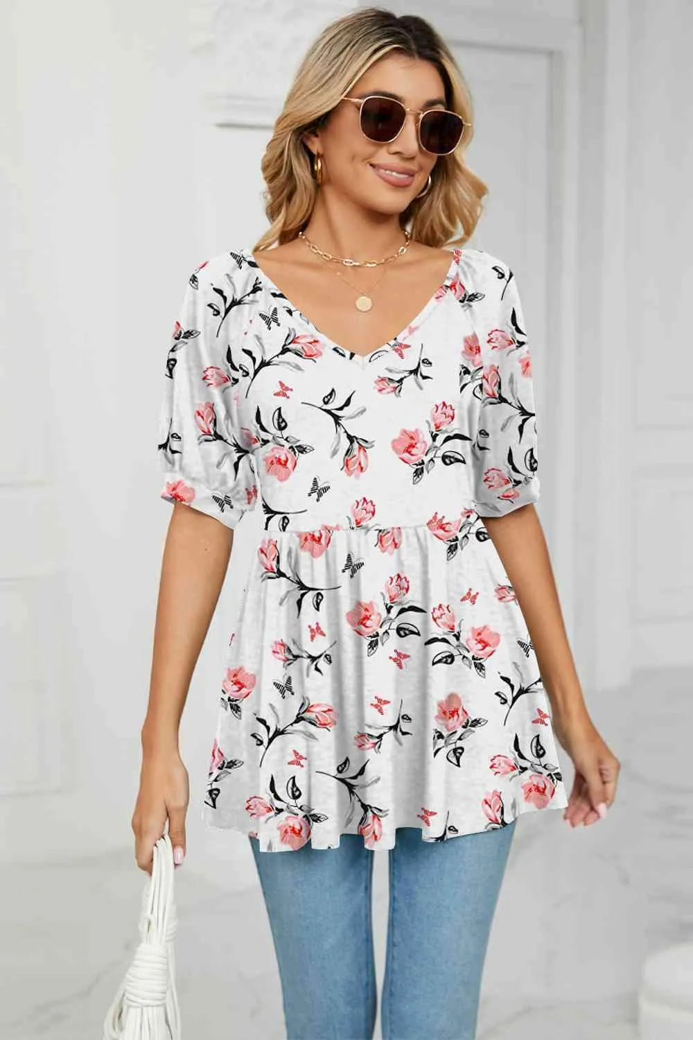 V-Neck Babydoll Blouse Blouses - Tophatter Daily Deals