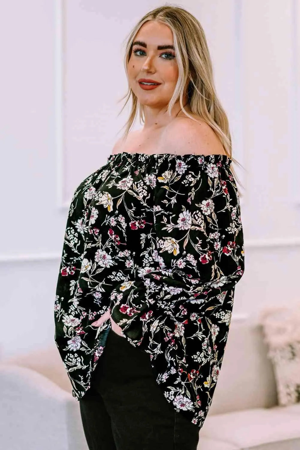 Plus Size Floral Frilled Off-Shoulder Blouse Blouses - Tophatter Daily Deals