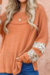 Waffle-Knit Leopard Long Sleeve Slit Blouse Blouses - Tophatter Daily Deals