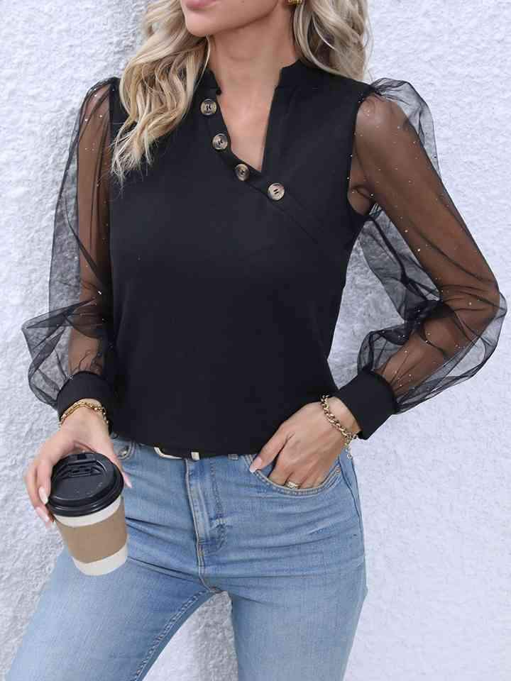 Decorative Button Puff Sleeve Blouse Black Blouses - Tophatter Daily Deals