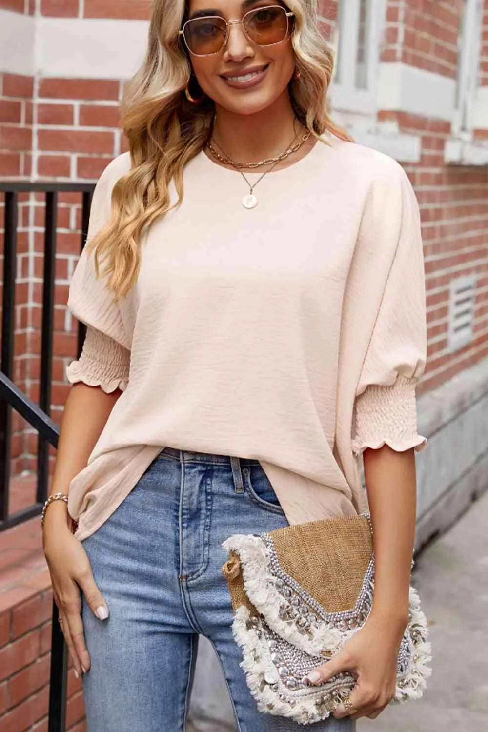 Round Neck Smocked Lantern Sleeve Blouse Ivory Blouses - Tophatter Daily Deals