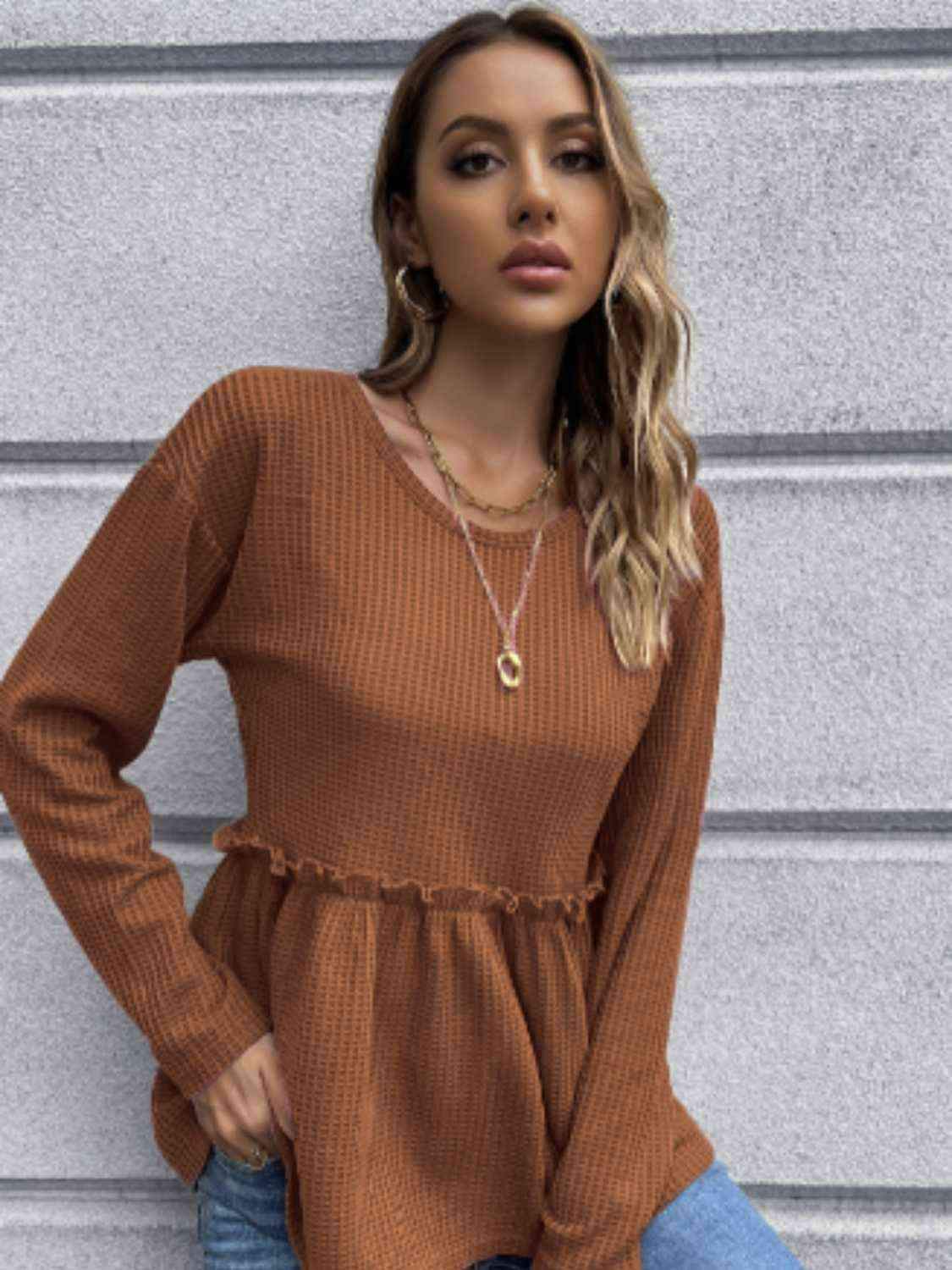 Waffle-Knit Long Sleeve Peplum Blouse Blouses - Tophatter Daily Deals