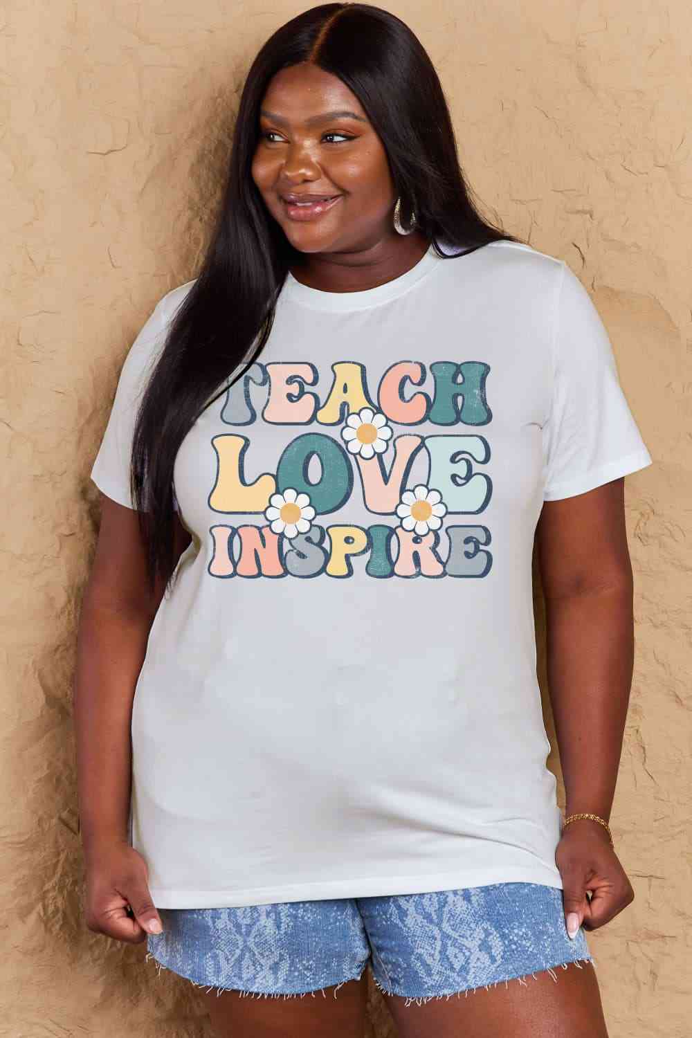 Simply Love Full Size TEACH LOVE INSPIRE Graphic Cotton T-Shirt Women's T-Shirts - Tophatter Daily Deals