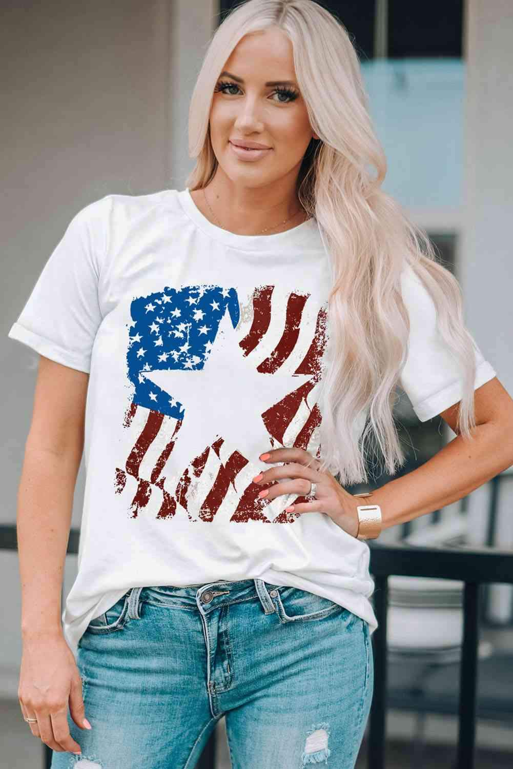 US Flag Graphic Round Neck Tee White Women's T-Shirts - Tophatter Daily Deals