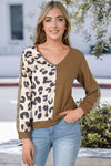 Leopard V-Neck Waffle-Knit Top Chestnut Blouses - Tophatter Daily Deals