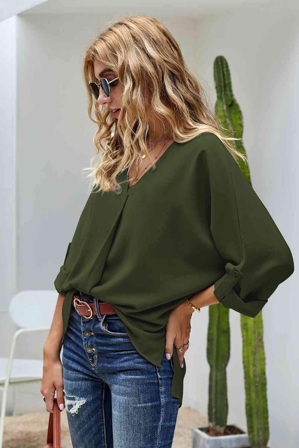 V-Neck Roll-Tab Sleeve Blouse Blouses - Tophatter Daily Deals