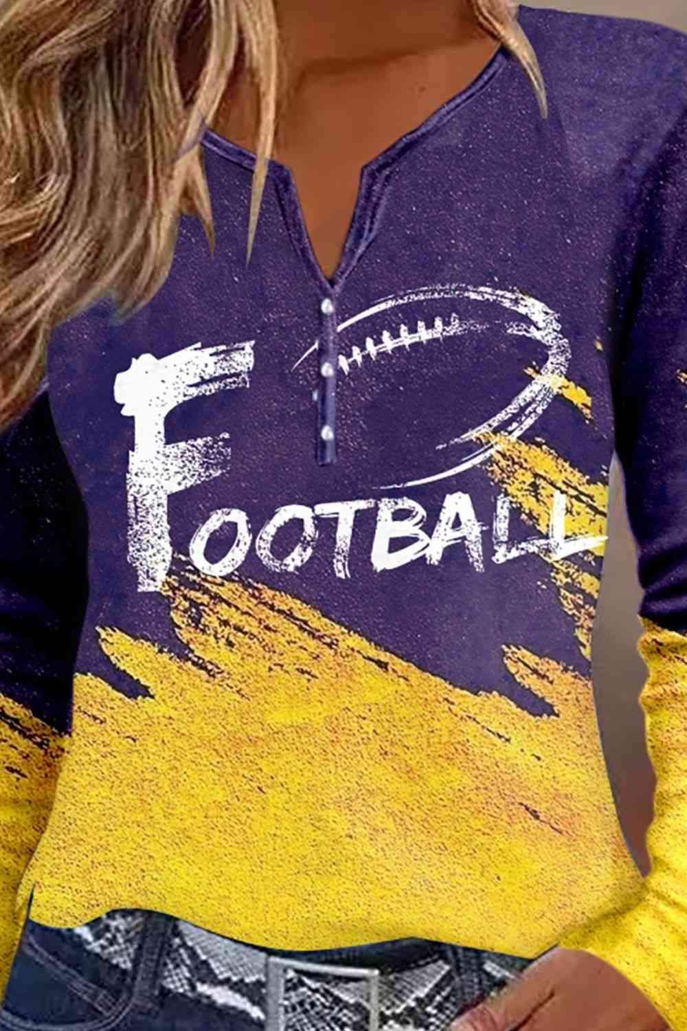 FOOTBALL Graphic Notched Neck Long Sleeve T-Shirt Women's T-Shirts - Tophatter Daily Deals