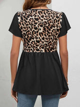 Leopard Round Neck Flutter Sleeve Babydoll Blouse Blouses - Tophatter Daily Deals