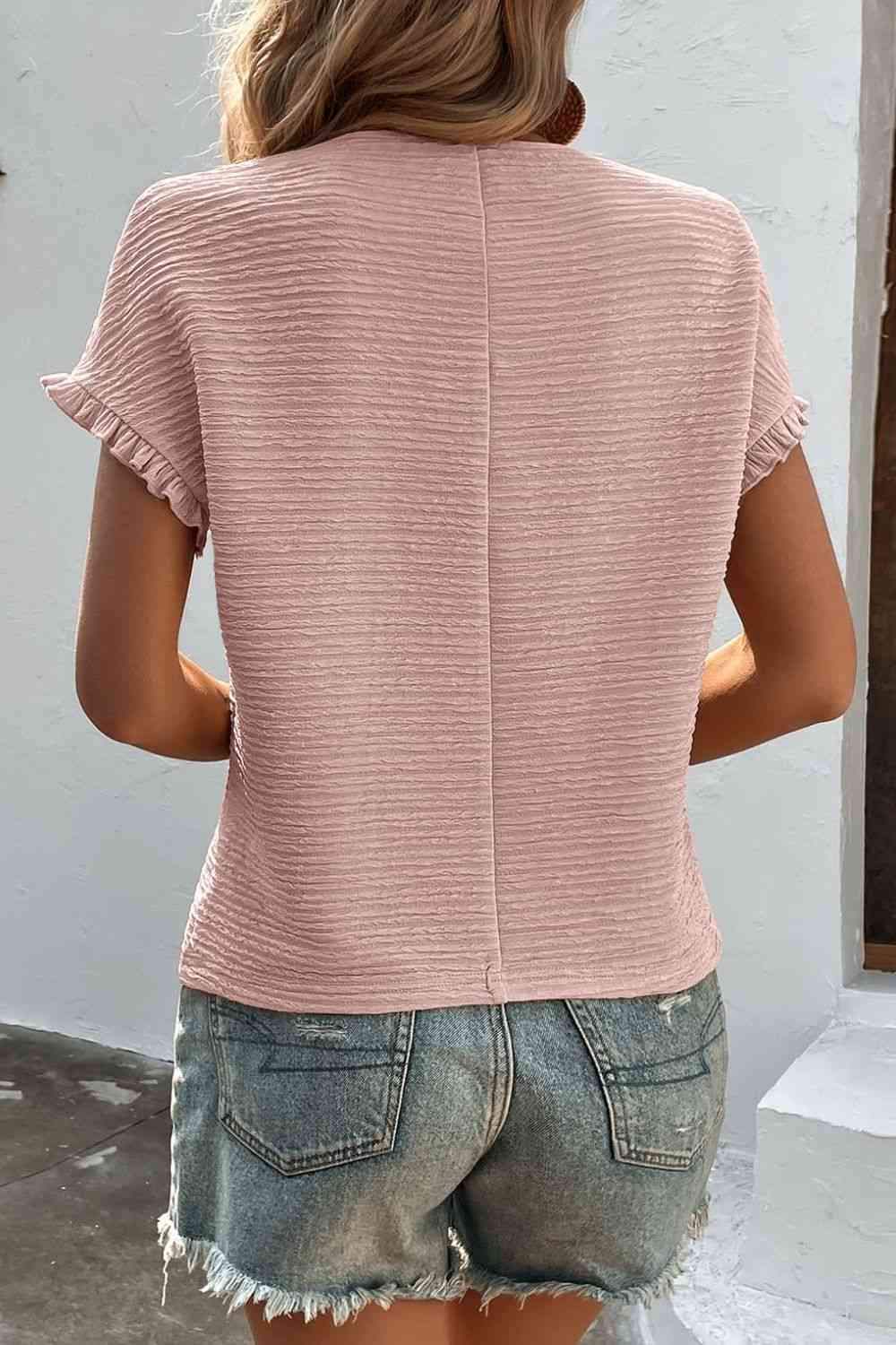 Textured Round Neck Short Sleeve Top Blouses - Tophatter Daily Deals