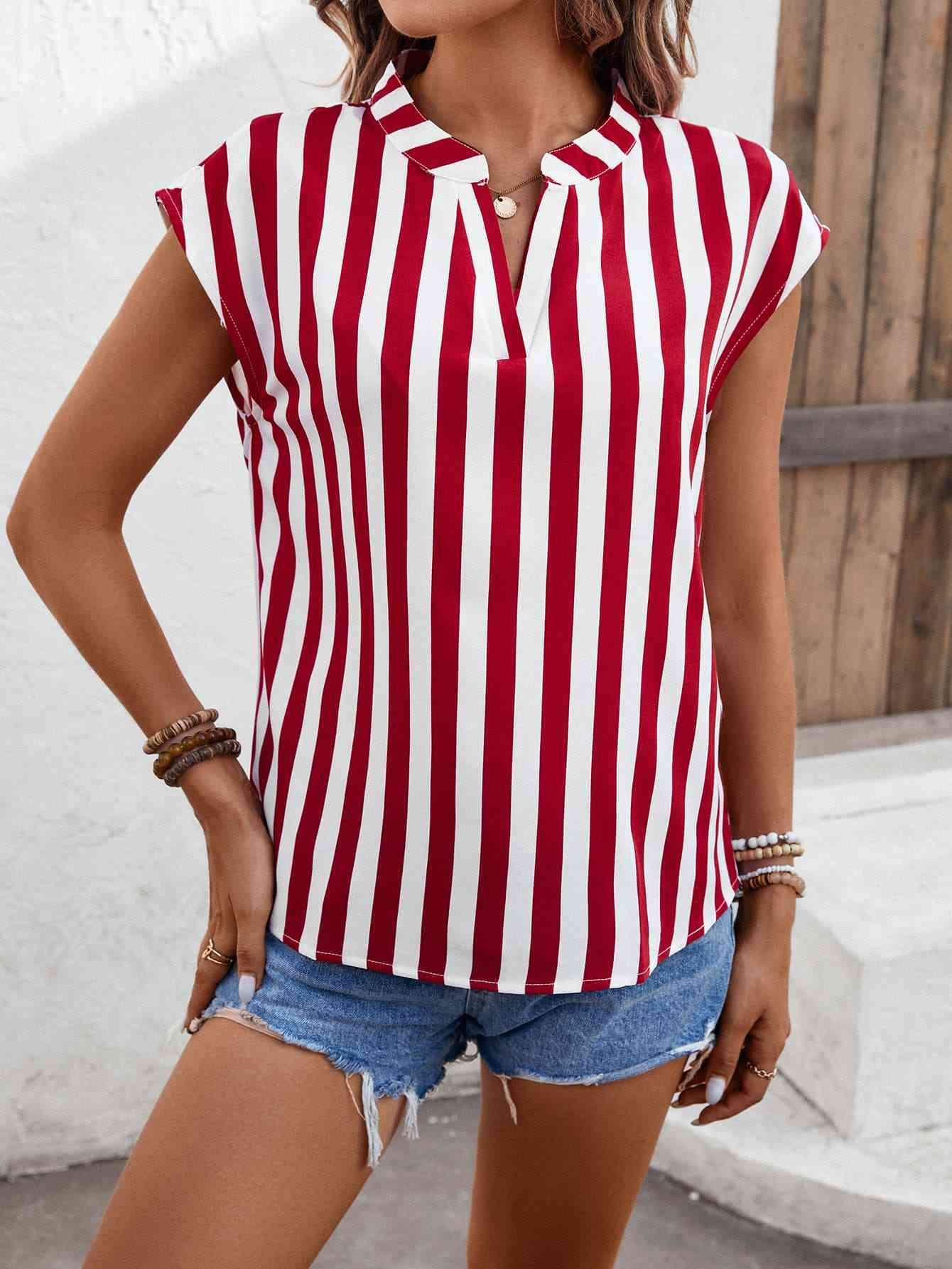 Striped Notched Neck Cap Sleeve Blouse Blouses - Tophatter Daily Deals