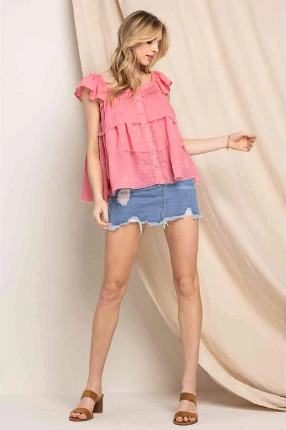 ODDI Full Size Buttoned Ruffled Top Blouses - Tophatter Daily Deals