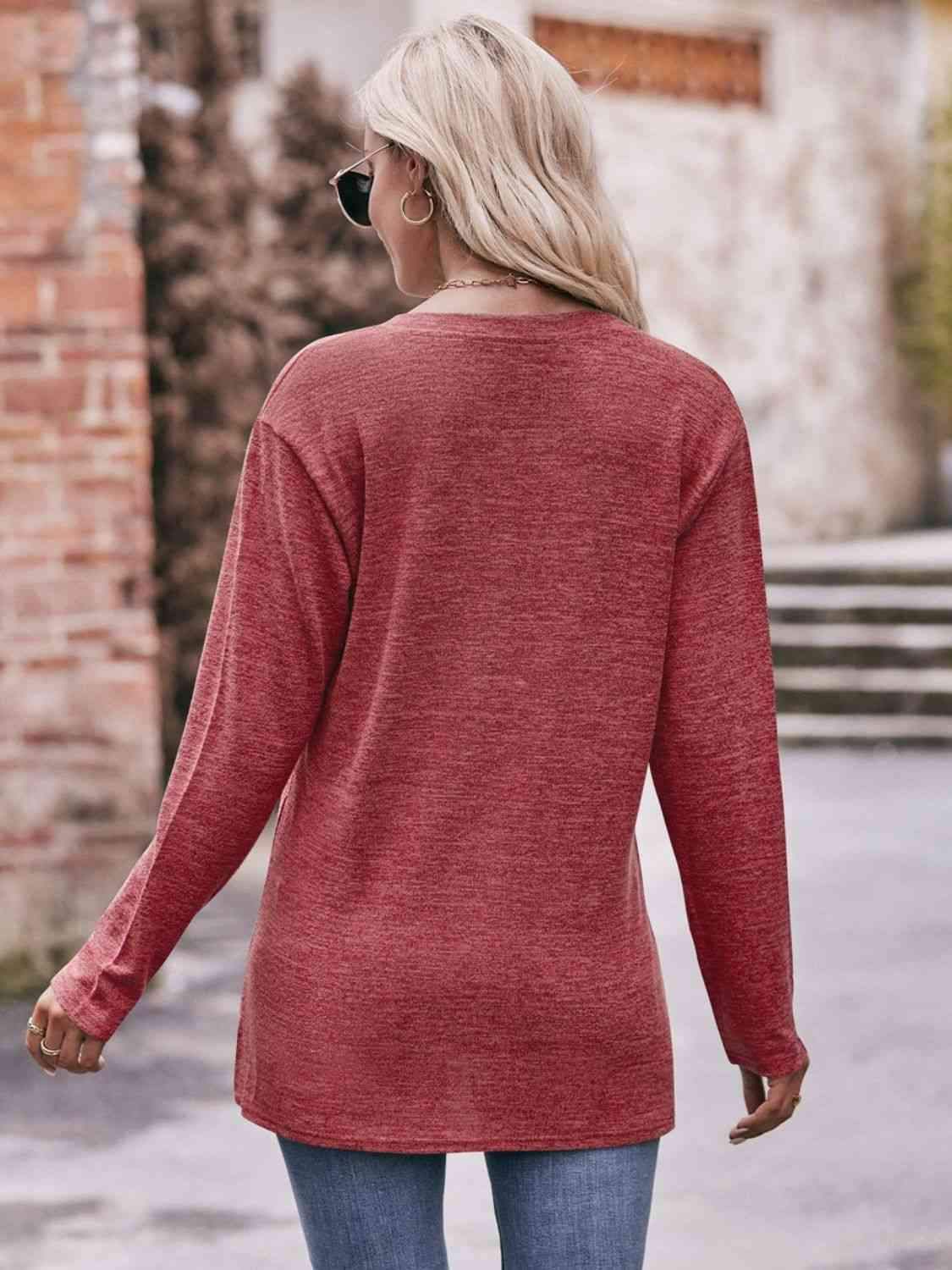 Double Take Buttoned Notched Neck Long Sleeve Top Blouses - Tophatter Daily Deals