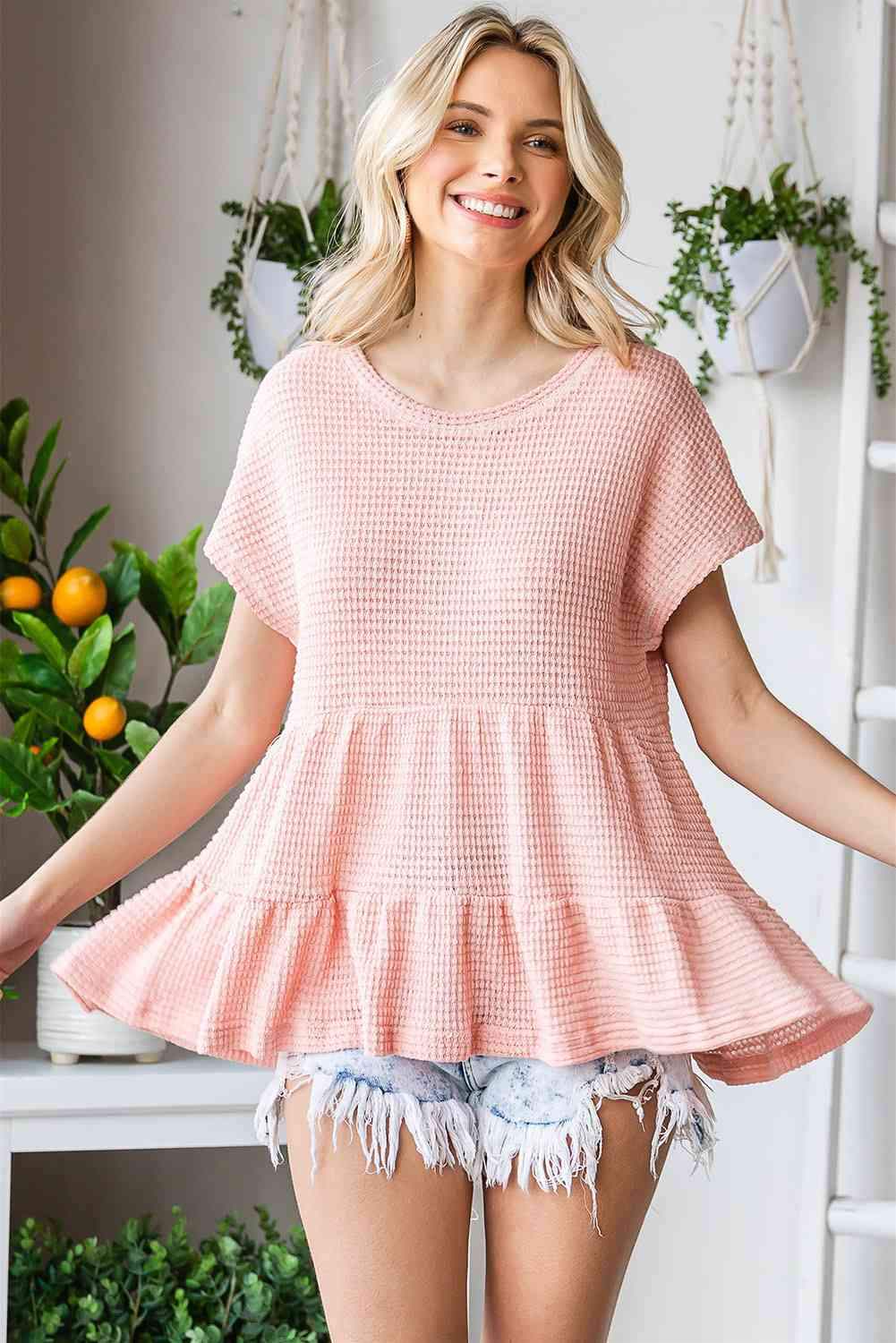 Waffle-Knit Buttoned Ruffle Hem Top Peach Blouses - Tophatter Daily Deals