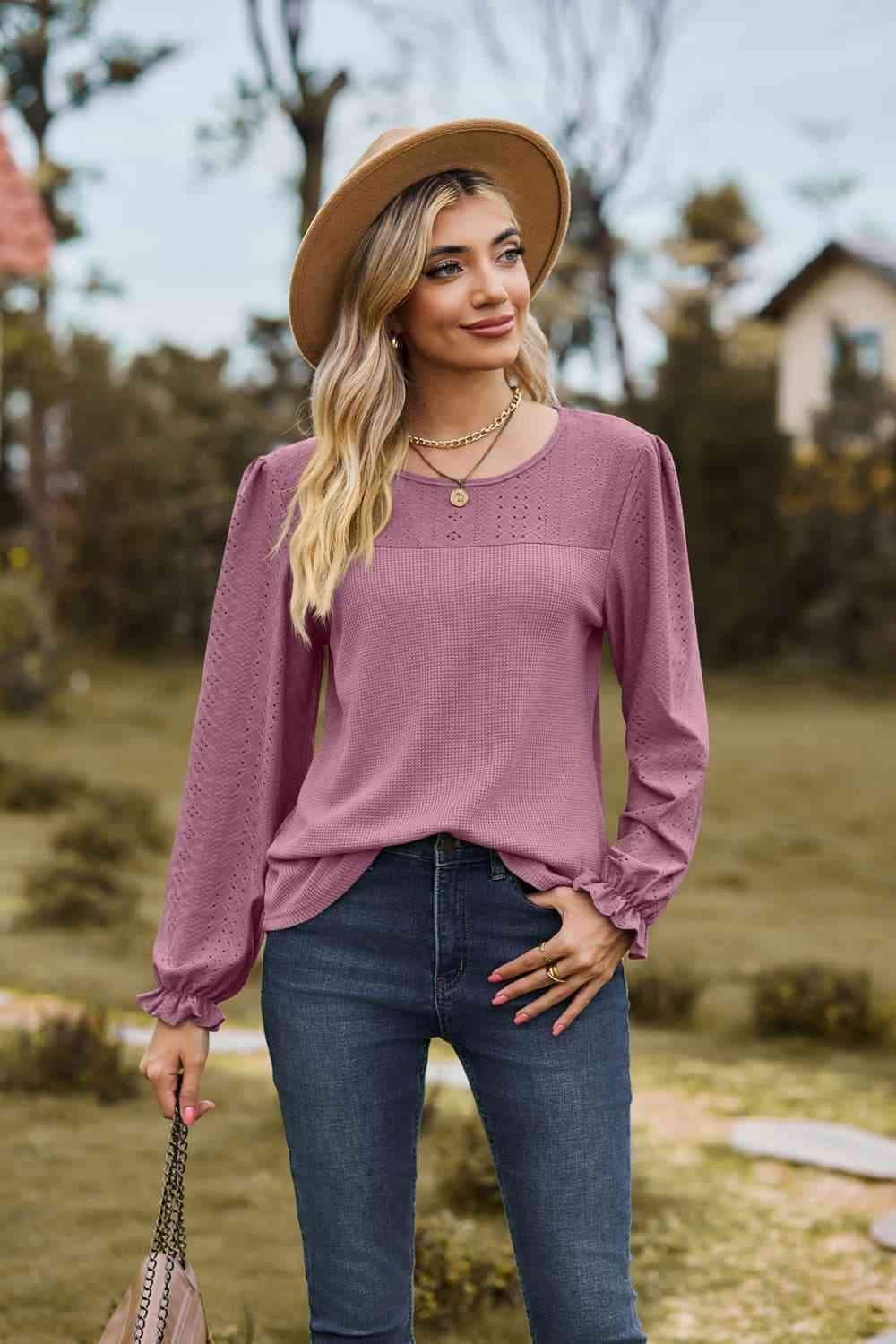 Round Neck Puff Sleeve Blouse Blouses - Tophatter Daily Deals