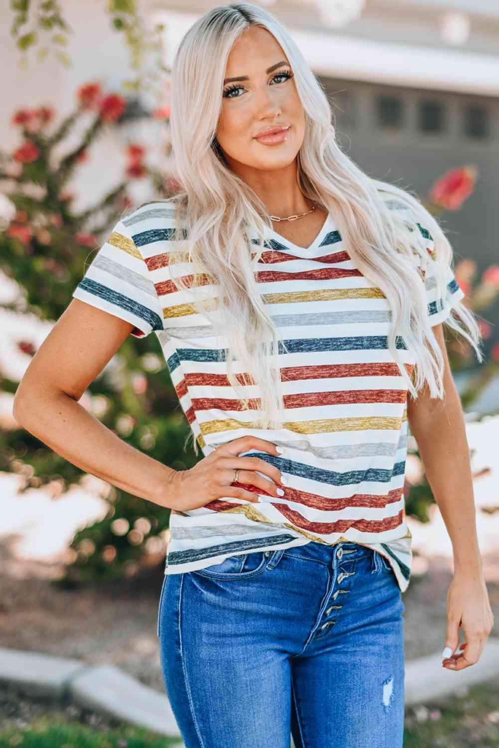 Striped V-Neck Short Sleeve Tee Women's T-Shirts - Tophatter Daily Deals