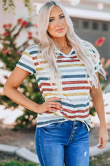 Striped V-Neck Short Sleeve Tee Women's T-Shirts - Tophatter Daily Deals
