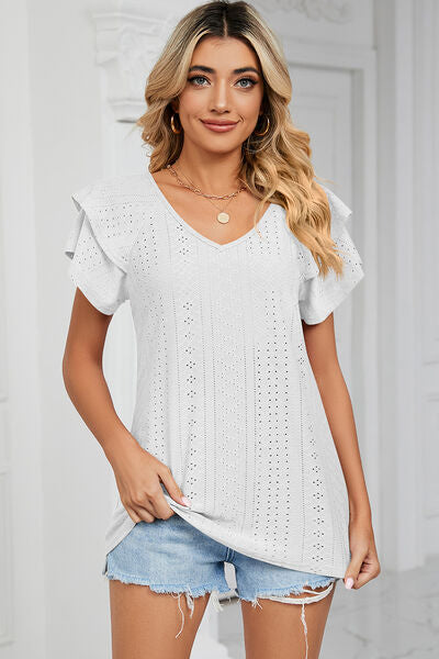 Eyelet V-Neck Short Sleeve T-Shirt White Women's T-Shirts - Tophatter Daily Deals