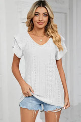 Eyelet V-Neck Short Sleeve T-Shirt White Women's T-Shirts - Tophatter Daily Deals