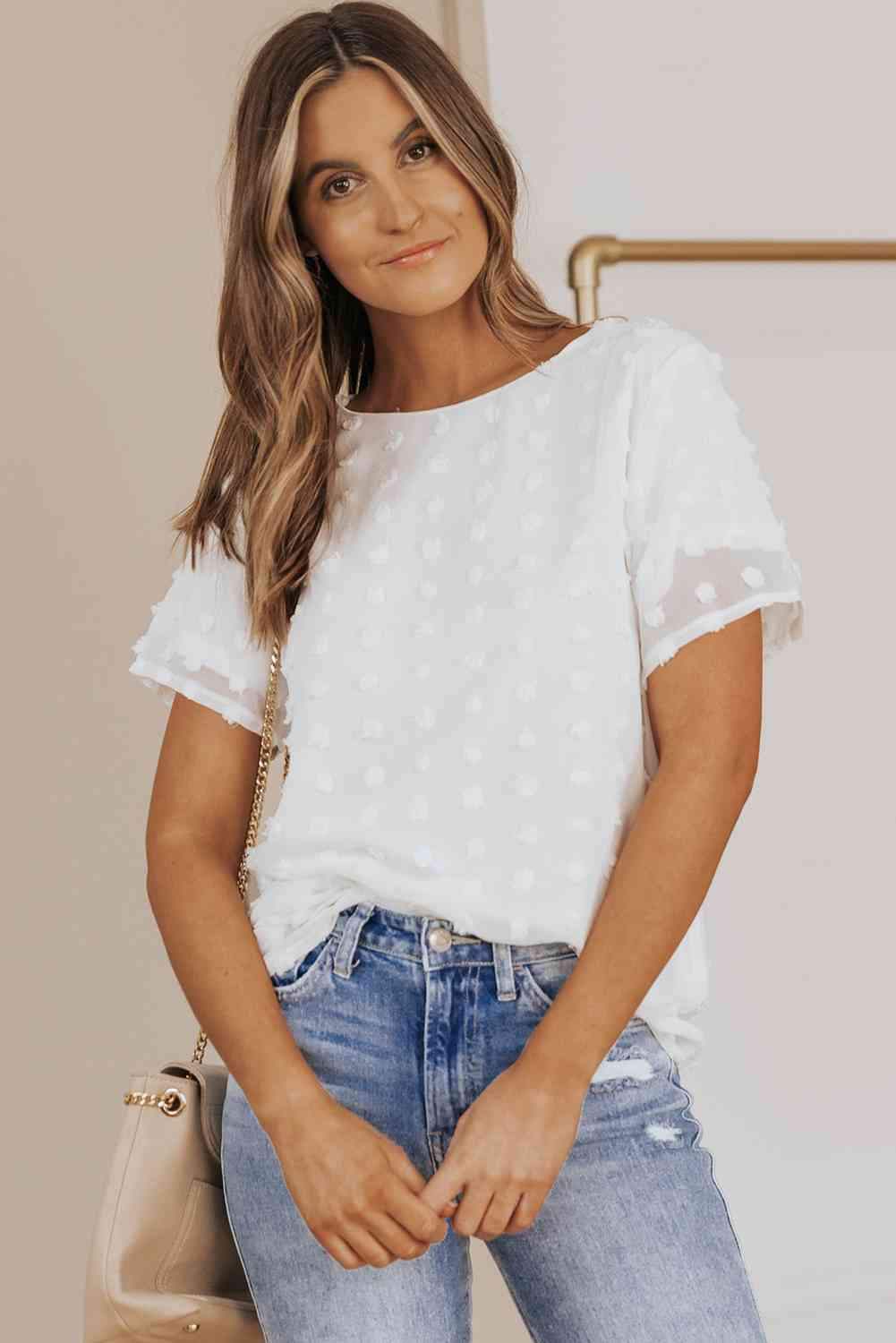 Swiss Dot Round Neck Blouse White Blouses - Tophatter Daily Deals