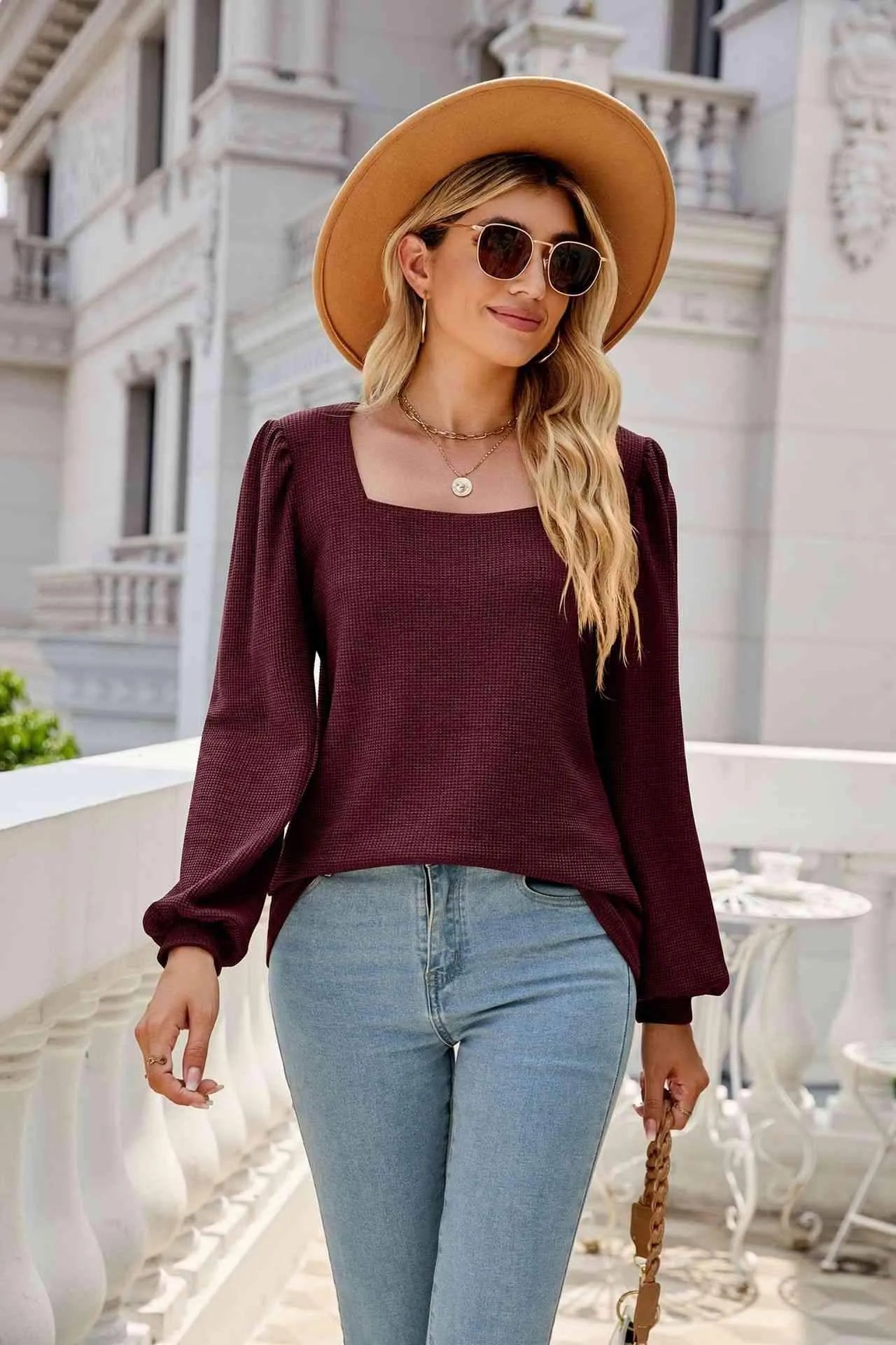 Waffle-Knit Puff Sleeve Square Neck Top Blouses - Tophatter Daily Deals
