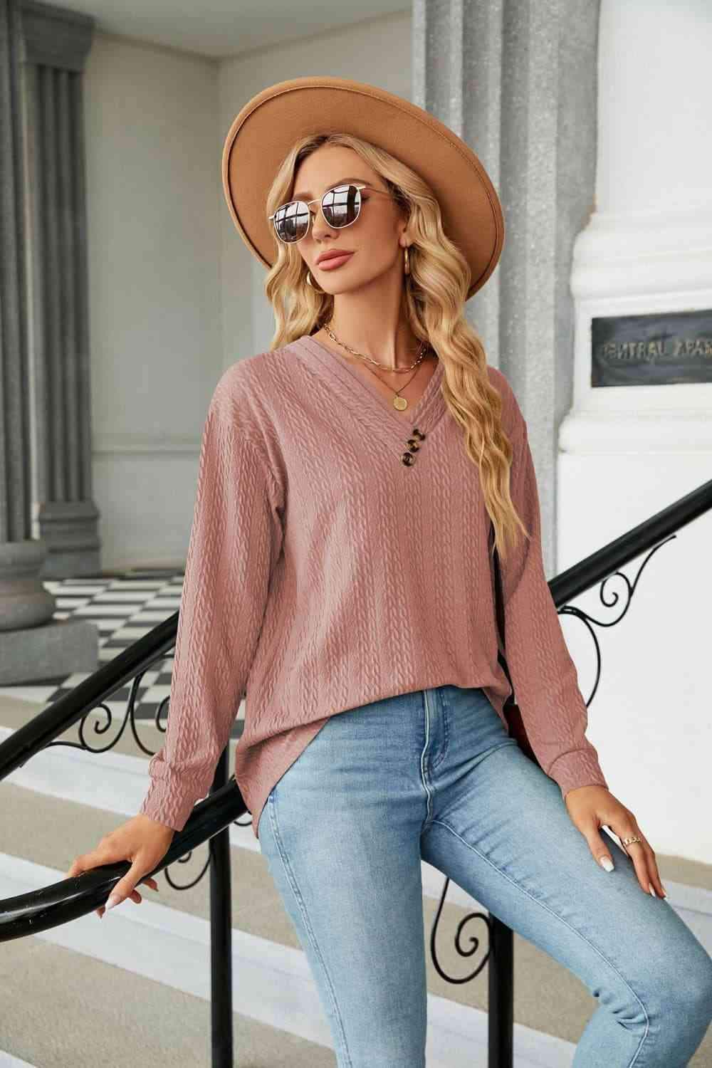 Decorative Button V-Neck Long Sleeve T-Shirt Women's T-Shirts - Tophatter Daily Deals