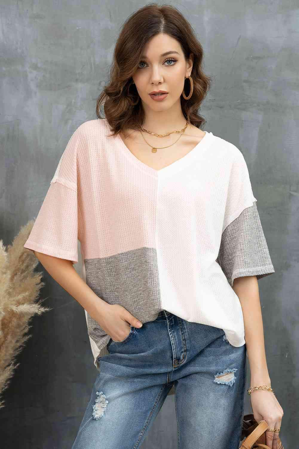 Color Block V-Neck Waffle-Knit Blouse White Blouses - Tophatter Daily Deals