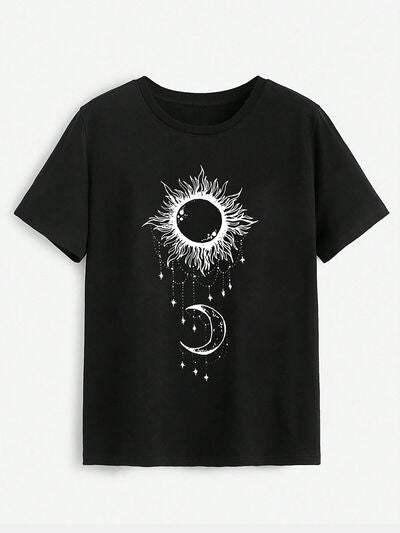 Sun & Moon Graphic Round Neck T-Shirt Women's T-Shirts - Tophatter Daily Deals