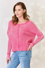 Zenana Washed Waffle-Knit Long Sleeve Top Blouses - Tophatter Daily Deals