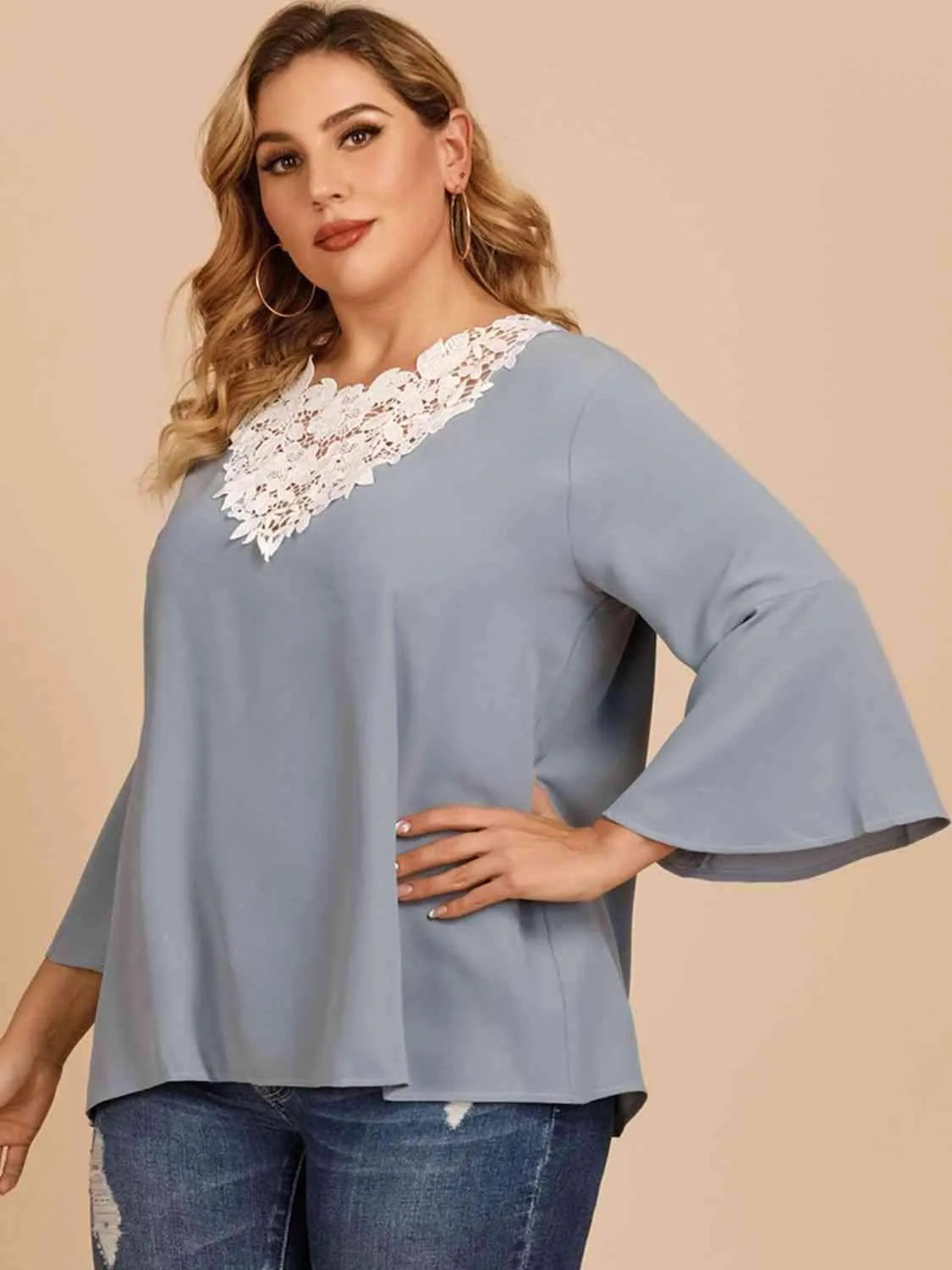 Plus Size Contrast Spliced Lace Three-Quarter Sleeve Blouse Blouses - Tophatter Daily Deals