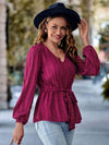 V-Neck Tie Waist Long Sleeve Blouse Blouses - Tophatter Daily Deals