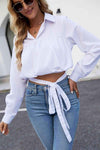 Cropped Lapel Collar Tie Waist Long Sleeve Blouse Blouses - Tophatter Daily Deals