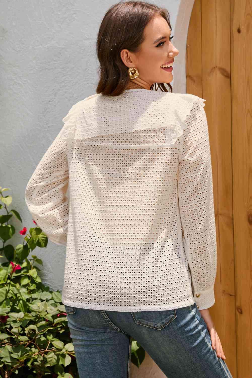 Double Take Ruffled Round Neck Eyelet Blouse Blouses - Tophatter Daily Deals