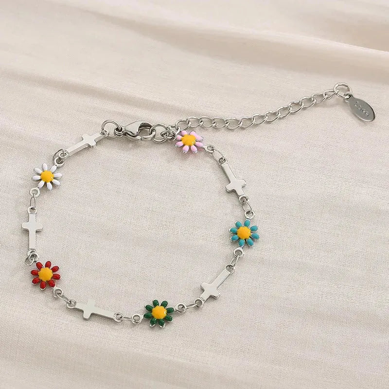 Flower & Cross Stainless Steel Bracelet Bracelets - Tophatter Daily Deals