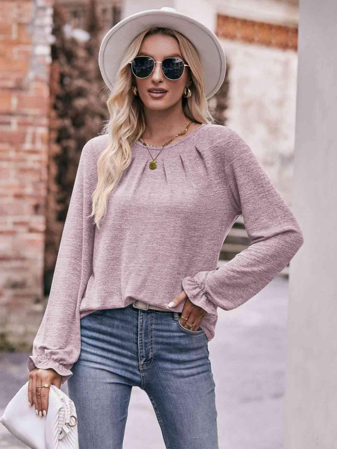 Double Take Long Flounce Sleeve Round Neck Blouse Blouses - Tophatter Daily Deals