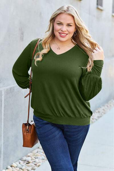 Basic Bae Full Size V-Neck Lantern Sleeve Blouse Blouses - Tophatter Daily Deals